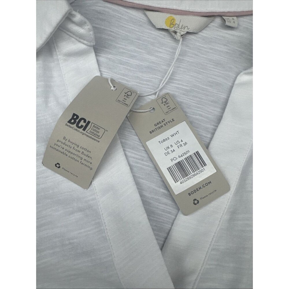 Boden Women’s White Cotton Collared Notch V Neck Long Sleeve Blouse Top Sz 4 NEW - Picture 7 of 10